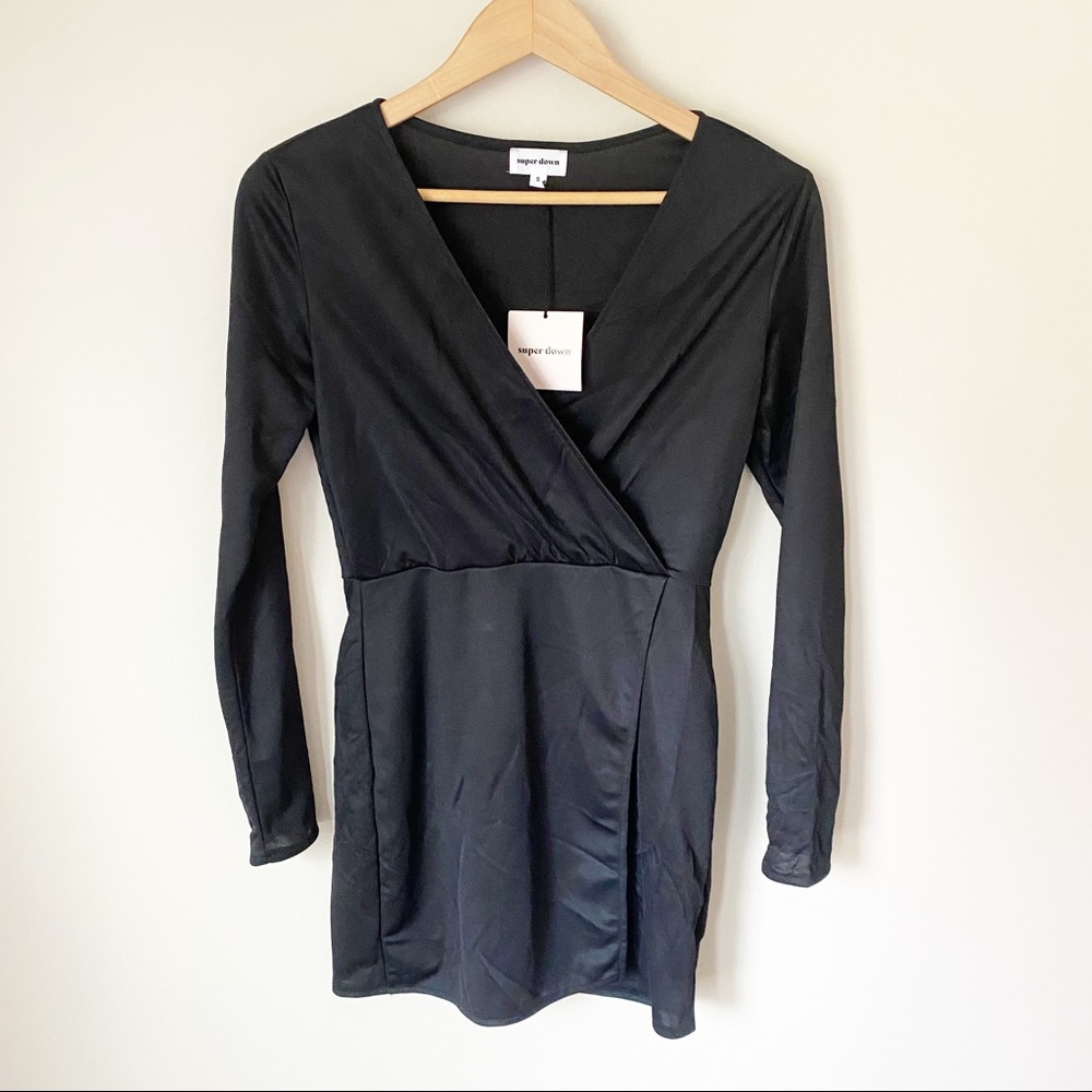 Superdown Long Sleeve Satin Wrap Mini Wrap Dress Black S NWT